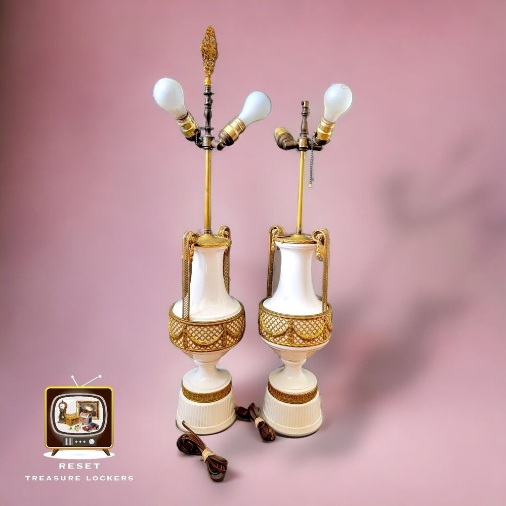 Pair Unique 19th C. French Porcelain Lamps w/ Removable Bronze Trim Dress NR